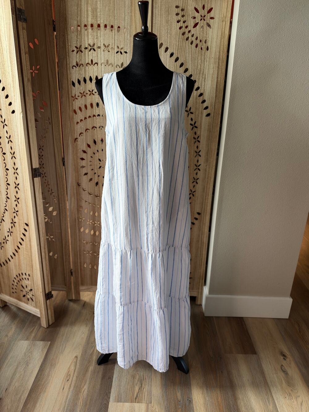 J Jill LOVE LINEN Linen Sleeveless Tiered Striped Maxi Dress Size M